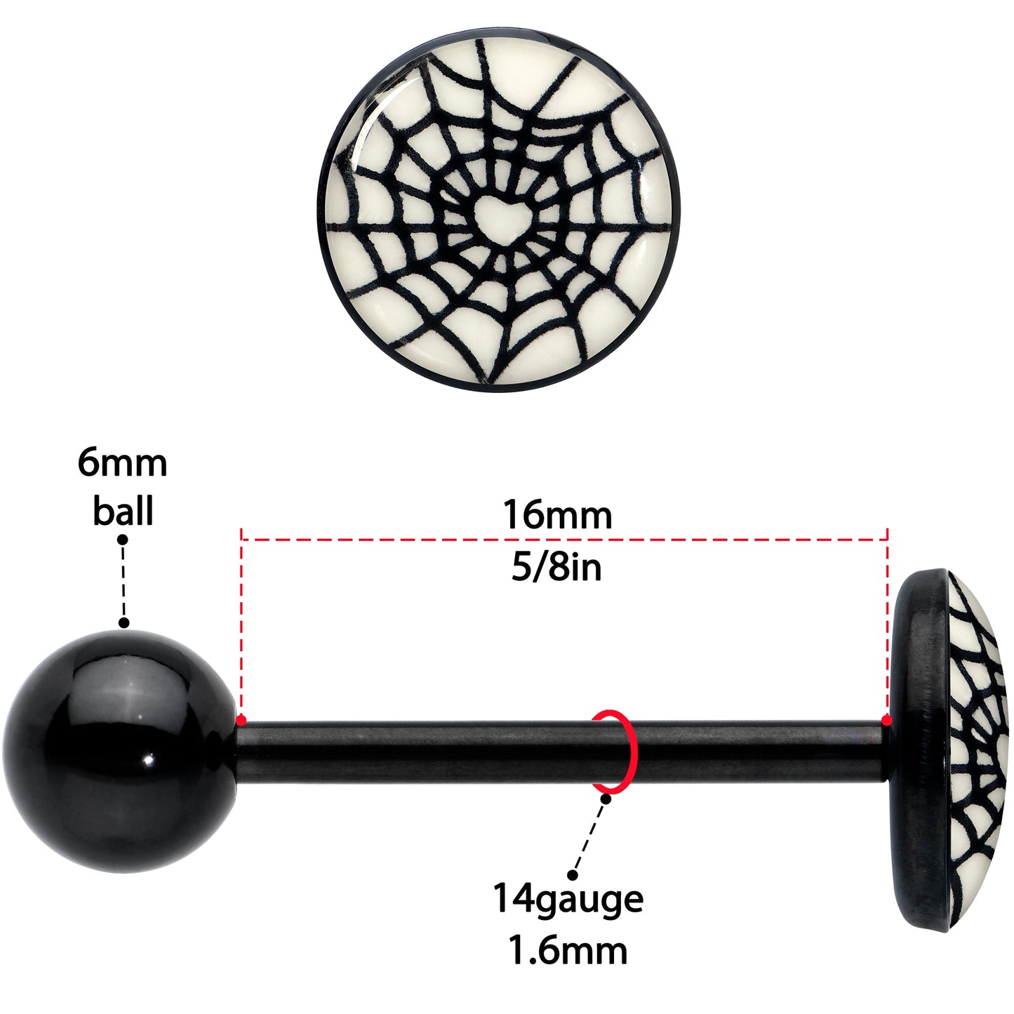Black Glow in the Dark Heart Spider Web Barbell Tongue Ring by Onyx O
