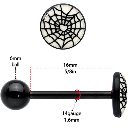 Black Glow in the Dark Heart Spider Web Barbell Tongue Ring by Onyx O