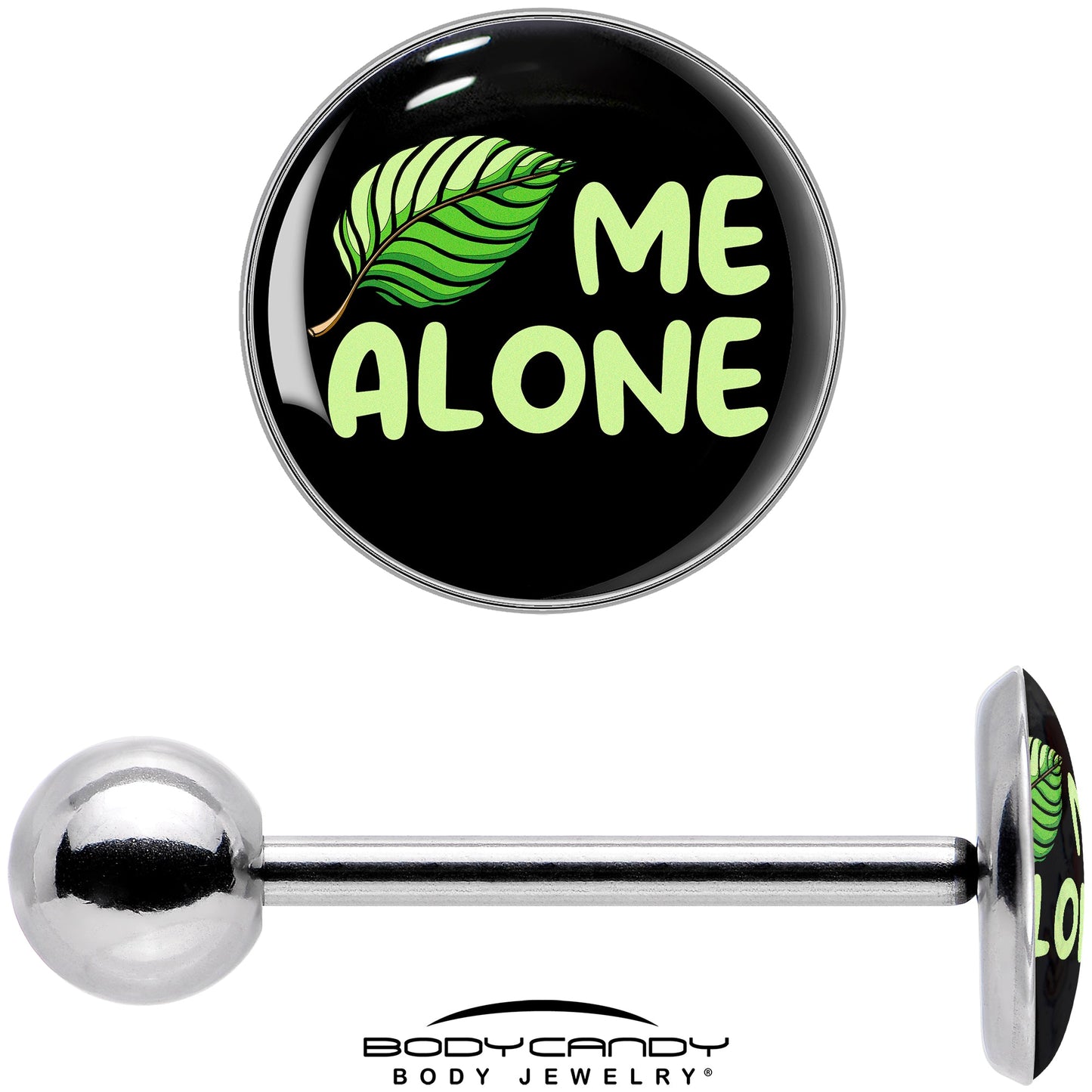 Black Green Leaf Me Alone Barbell Tongue Ring by Onyx O