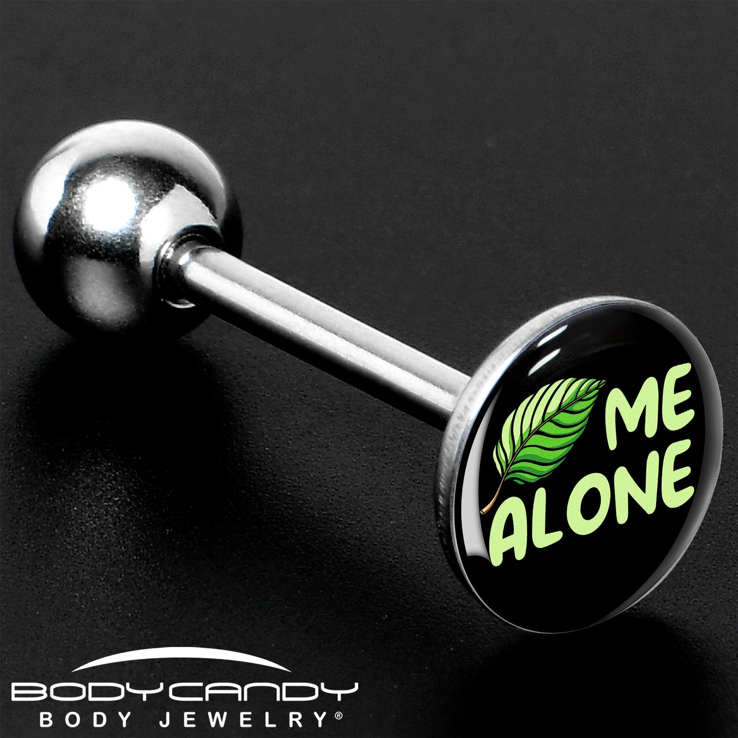 Black Green Leaf Me Alone Barbell Tongue Ring by Onyx O