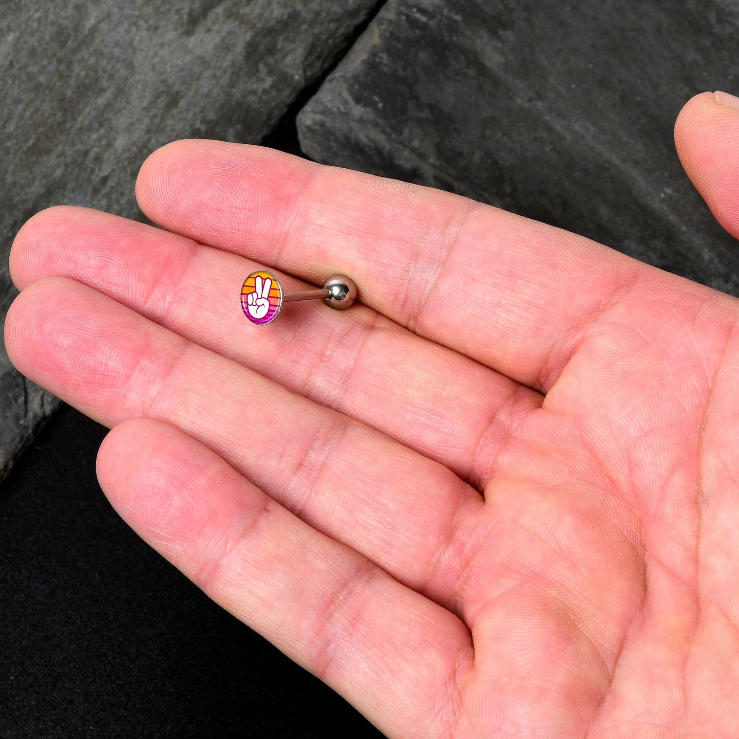 Retro Stripes Peace Sign Fingers Barbell Tongue Ring by Onyx O