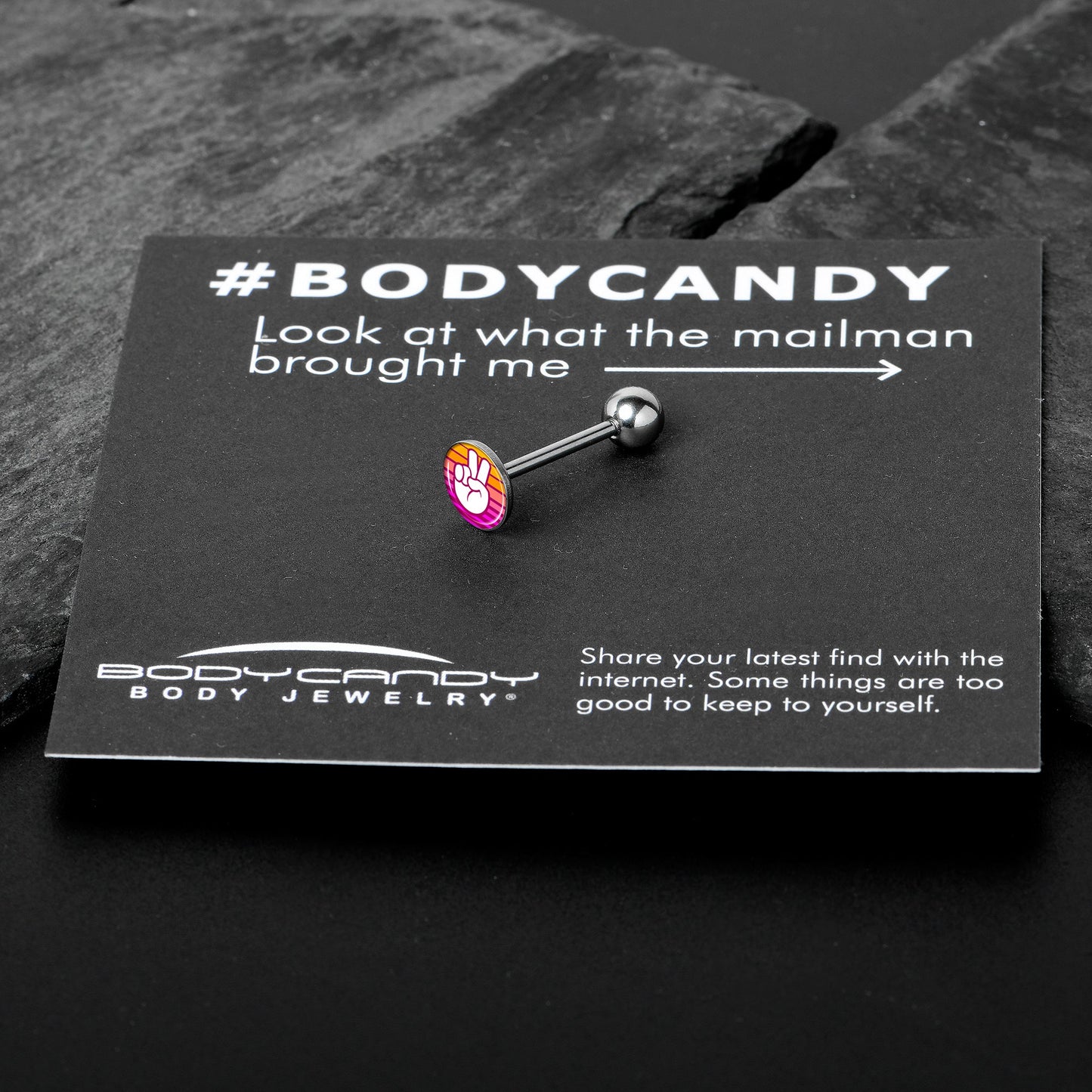 Retro Stripes Peace Sign Fingers Barbell Tongue Ring by Onyx O