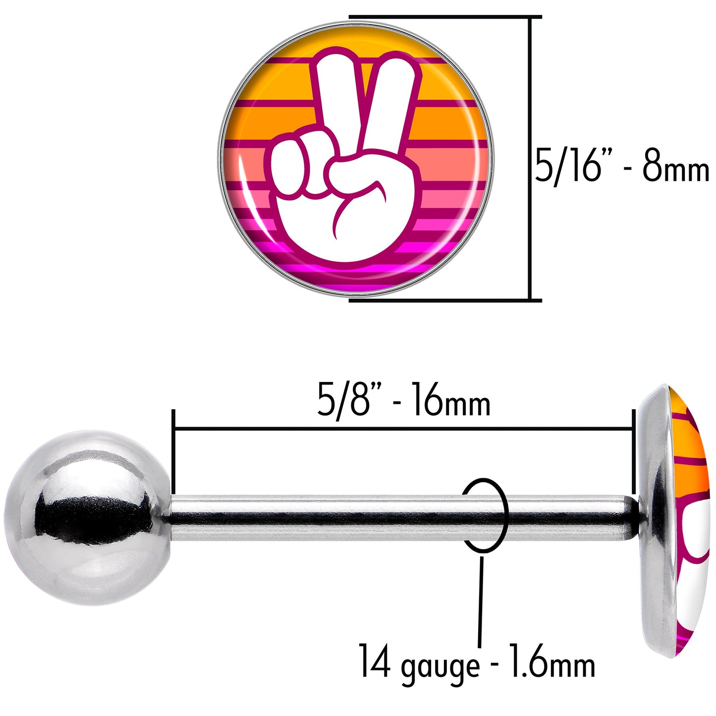 Retro Stripes Peace Sign Fingers Barbell Tongue Ring by Onyx O