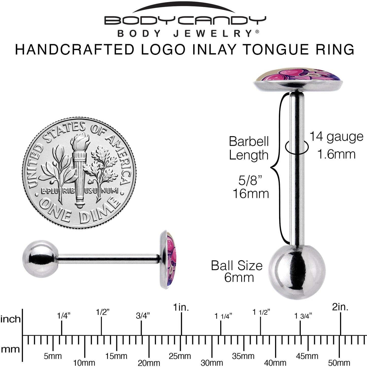 Artist Drawn Pink Mushrooms Barbell Tongue Ring by Onyx O