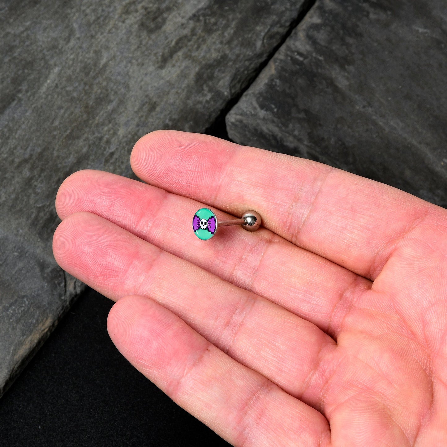 Retro Pixel Skull Barbell Tongue Ring by Onyx O