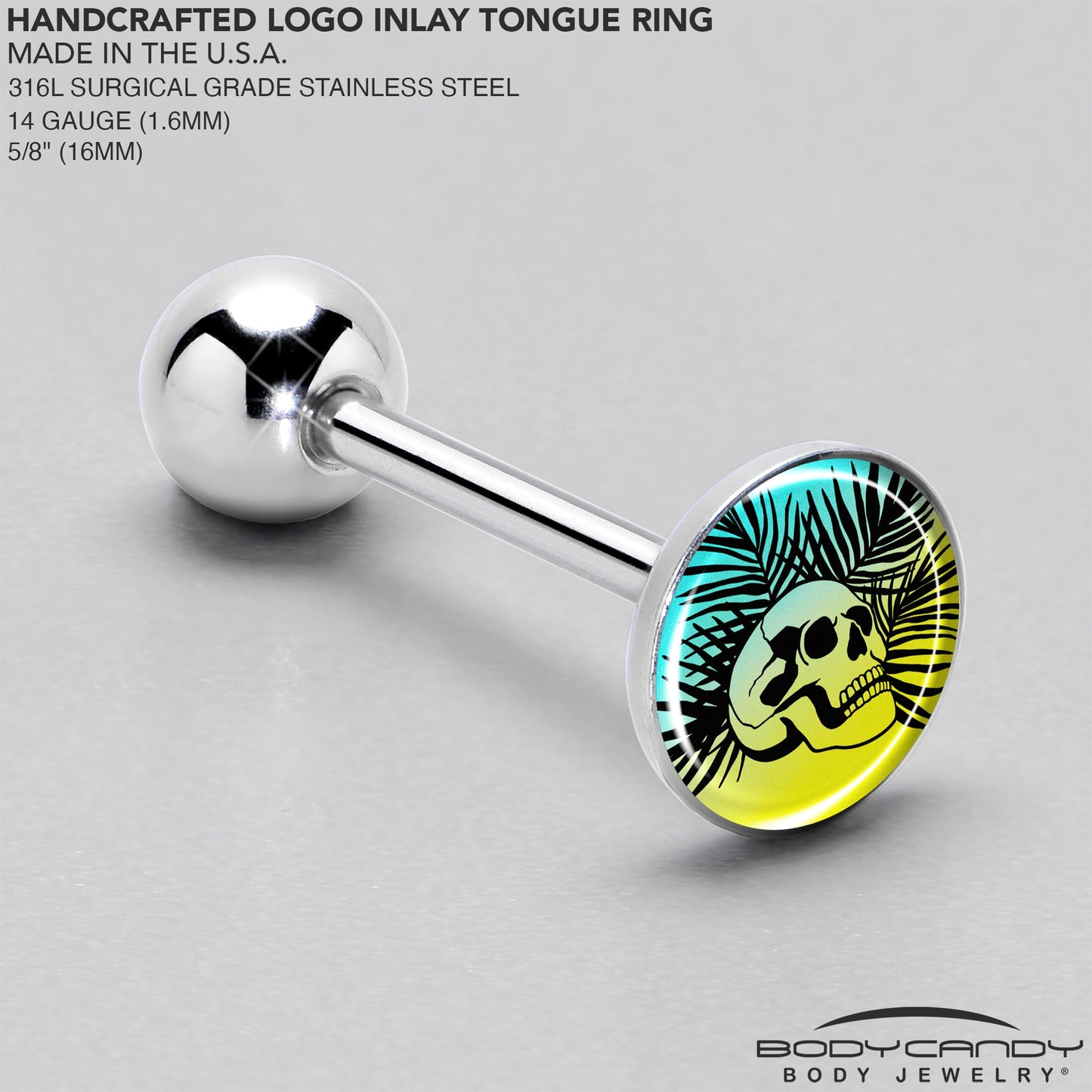 Blue Haze Sunset Skull and Palms Barbell Tongue Ring by Onyx O