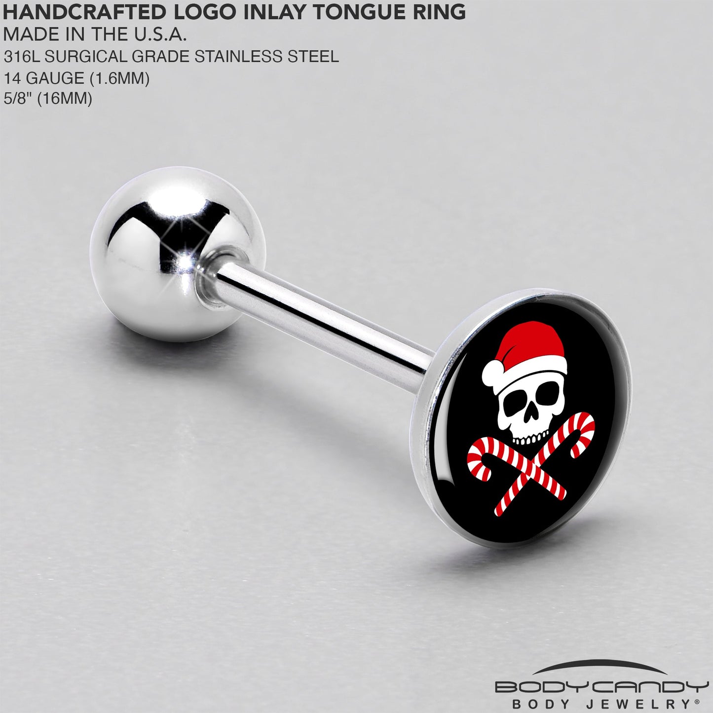 Santa Pirate Candy Cane Barbell Tongue Ring by Onyx O