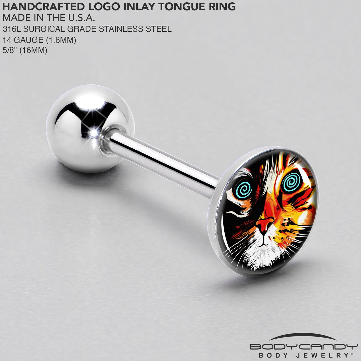 Colorful Trippy Cat Barbell Tongue Ring by Onyx O