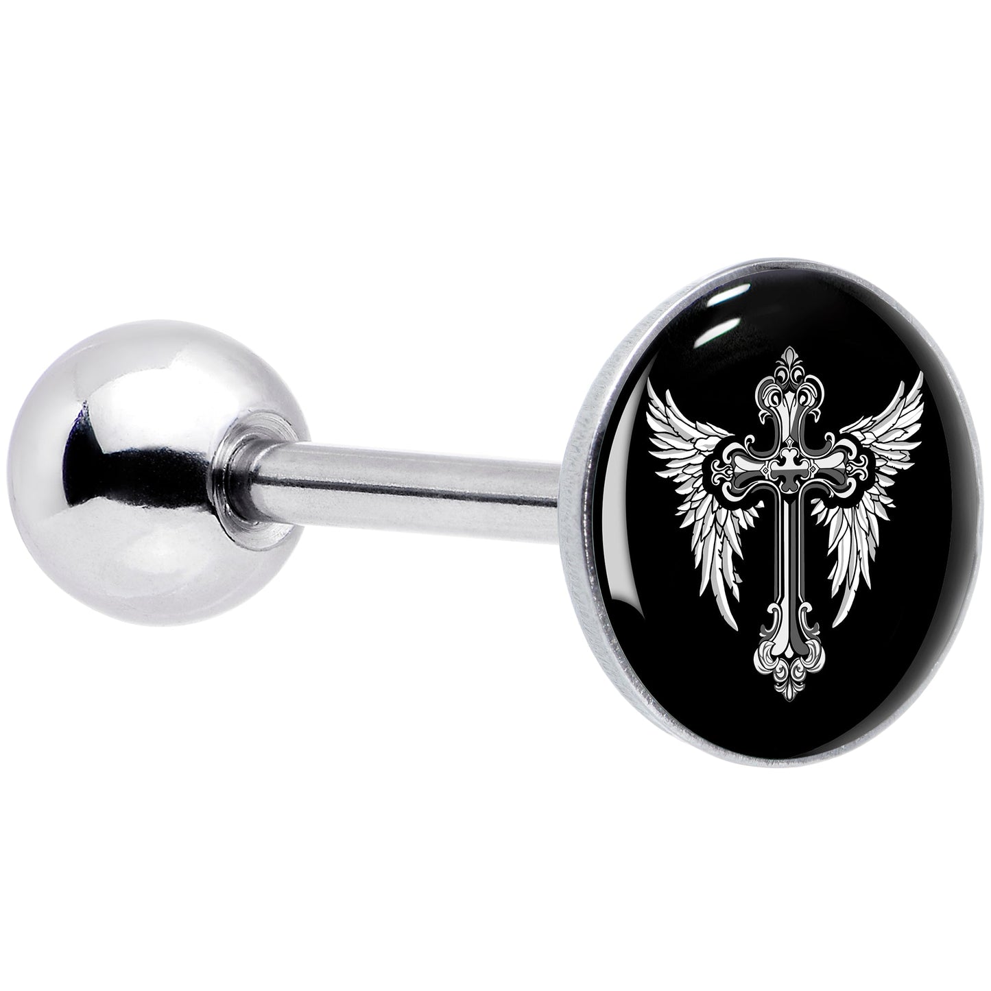 Black White Winged Cross Barbell Tongue Ring by Onyx O