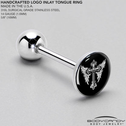 Black White Winged Cross Barbell Tongue Ring by Onyx O
