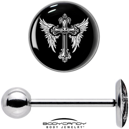Black White Winged Cross Barbell Tongue Ring by Onyx O