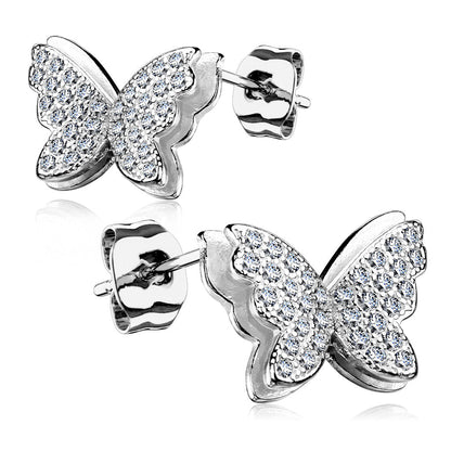 925 Silver CZ Paved Layered Butterfly Stud Earrings