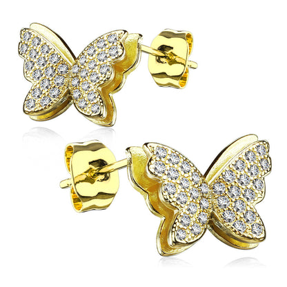 925 Silver CZ Paved Layered Butterfly Stud Earrings