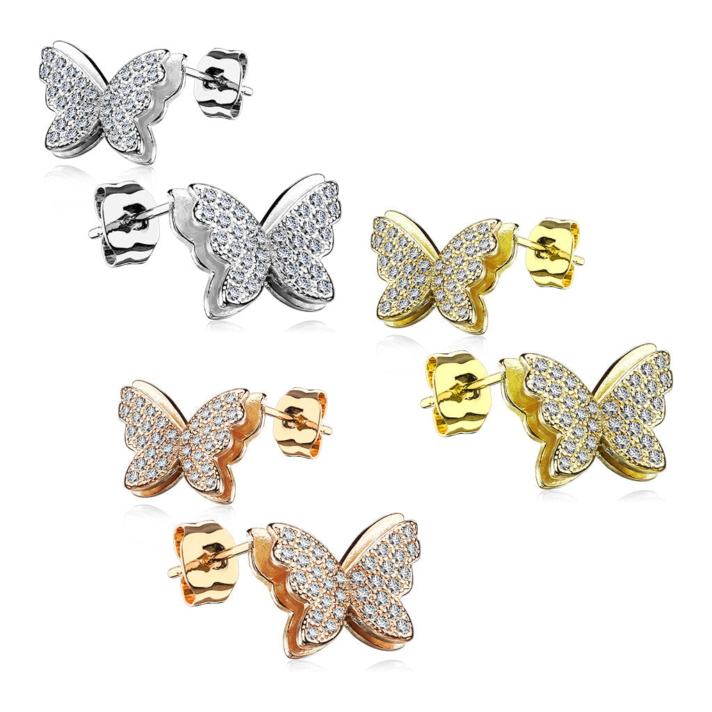 925 Silver CZ Paved Layered Butterfly Stud Earrings