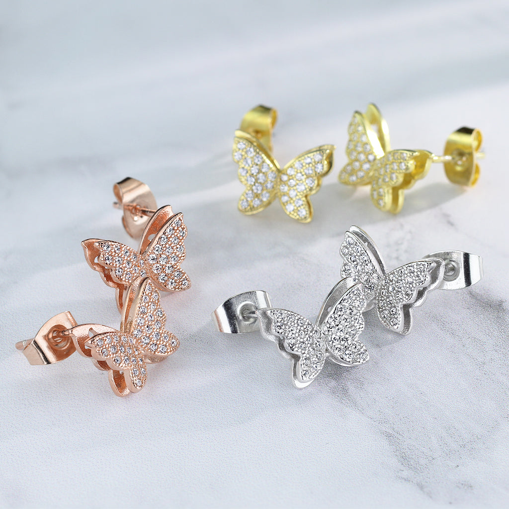 925 Silver CZ Paved Layered Butterfly Stud Earrings