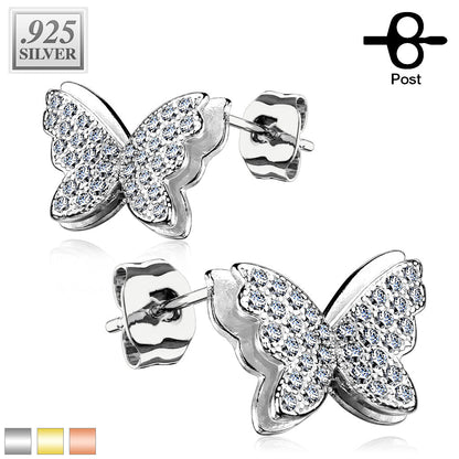 925 Silver CZ Paved Layered Butterfly Stud Earrings