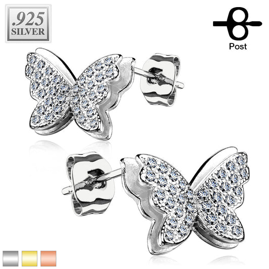 925 Silver CZ Paved Layered Butterfly Stud Earrings
