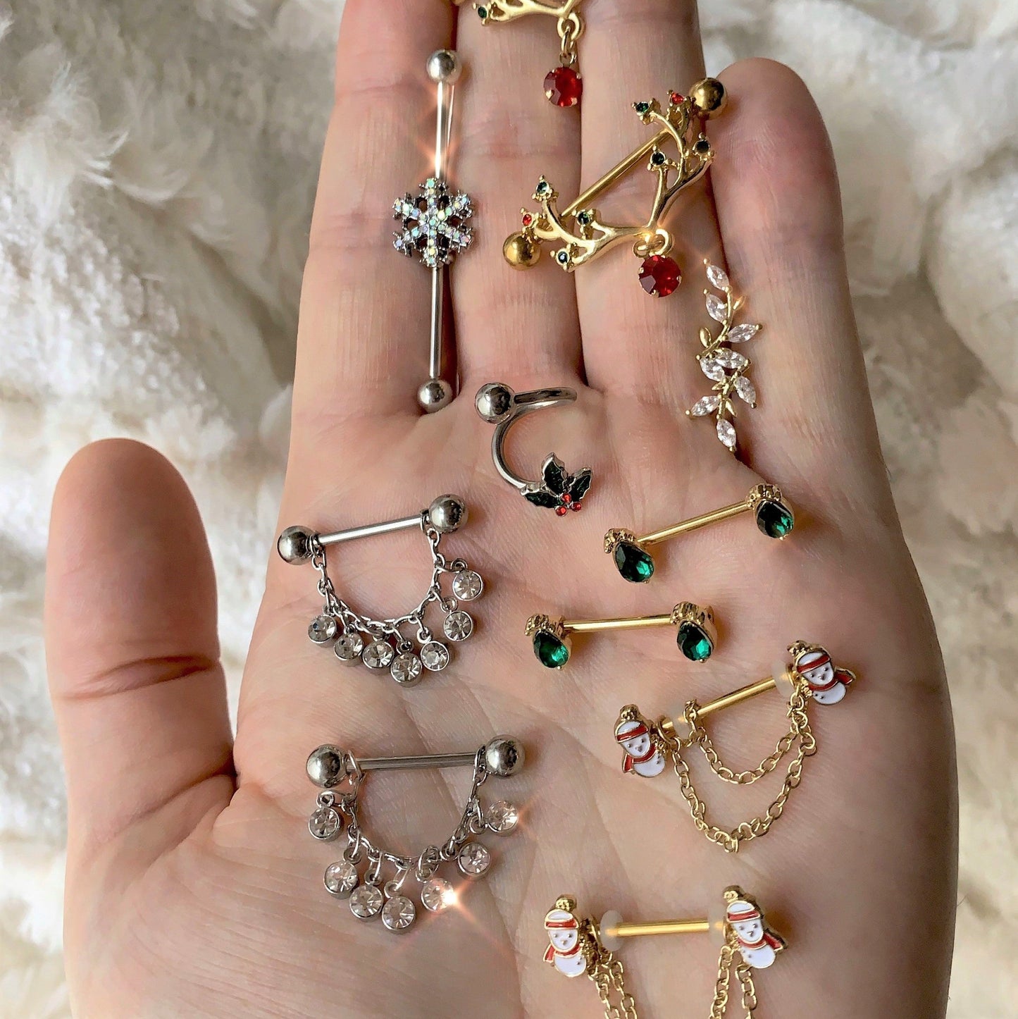 14G 5/8 Clear Gem Fringe Dangle Barbell Nipple Ring Set