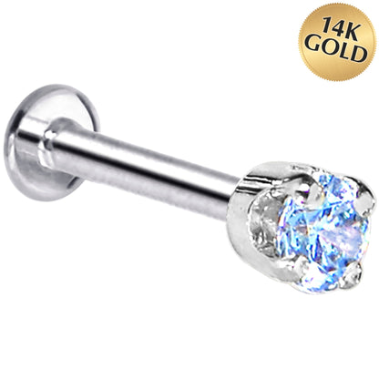 16G Solid 14K White Gold 3mm Plexi Blue Cubic Zirconia Tragus Earring Stud