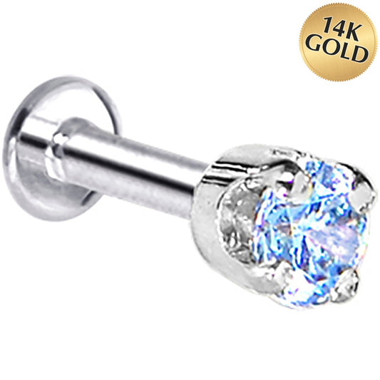 16G Solid 14K White Gold 3mm Plexi Blue Cubic Zirconia Tragus Earring Stud