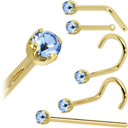 Solid 14K Yellow Gold 2mm Light Blue Cubic Zirconia Nose Ring