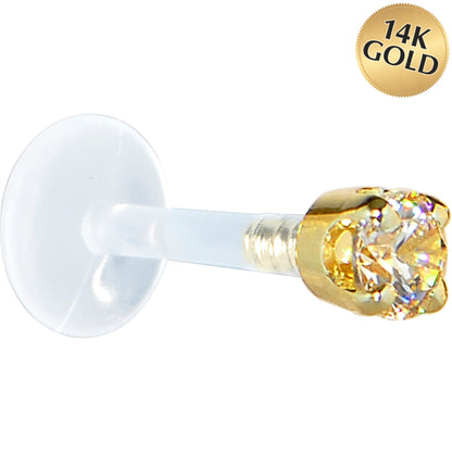 16G 5/16 Solid 14K Yellow Gold 3mm Champagne Cubic Zirconia Bioplast Tragus Earring Stud