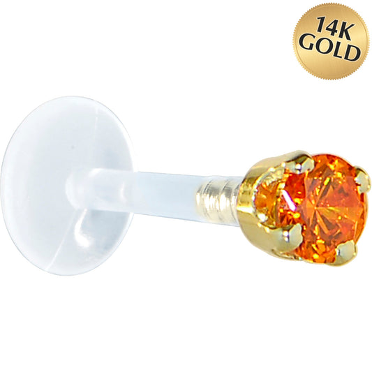 16G 5/16 Solid 14K Yellow Gold 3mm Orange Cubic Zirconia Bioplast Tragus Earring Stud