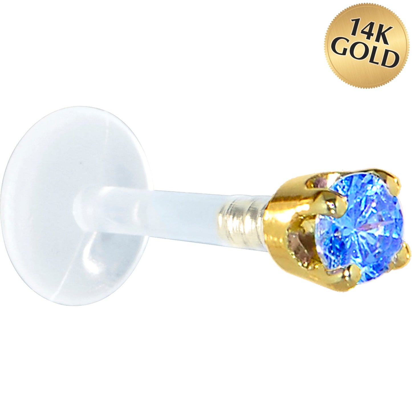16G 5/16 Solid 14K Yellow Gold 3mm Arctic Blue Cubic Zirconia Bioplast Tragus Earring Stud
