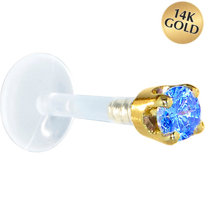 16G 5/16 Solid 14K Yellow Gold 3mm Arctic Blue Cubic Zirconia Bioplast Tragus Earring Stud