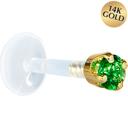 16G 5/16 Solid 14K Yellow Gold 3mm Green Cubic Zirconia Bioplast Tragus Earring Stud