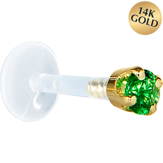 16G 5/16 Solid 14K Yellow Gold 3mm Green Cubic Zirconia Bioplast Tragus Earring Stud