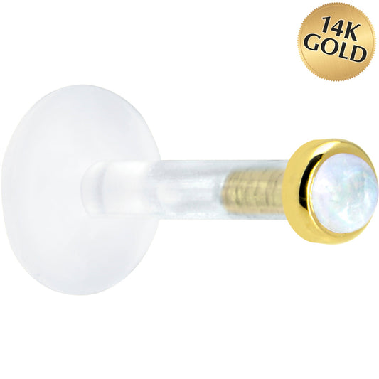 Solid 14K Yellow Gold 2mm Genuine Rainbow Moonstone Bioplast Push in Labret