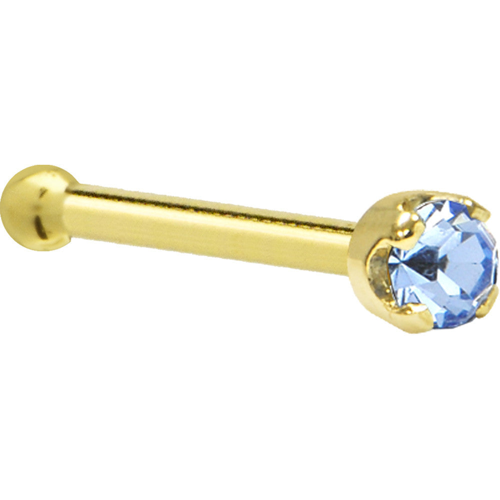 Solid 14K Yellow Gold 2mm Light Blue Cubic Zirconia Nose Ring
