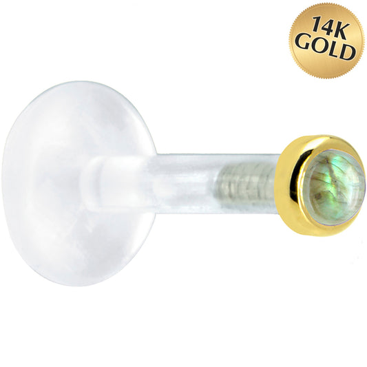 Solid 14K Yellow Gold 2mm Genuine Labradorite Bioplast Push in Labret