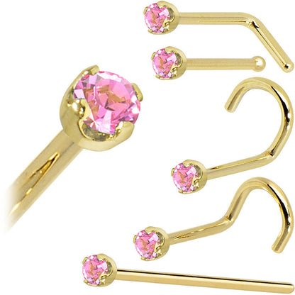 Solid 14K Yellow Gold 2mm Pink Cubic Zirconia Nose Ring