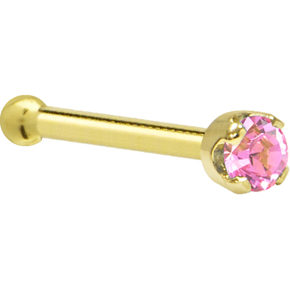 Solid 14K Yellow Gold 2mm Pink Cubic Zirconia Nose Ring