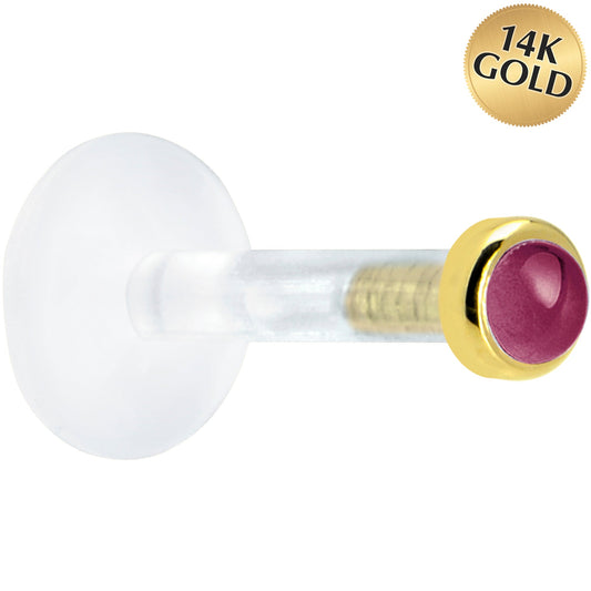 Solid 14K Yellow Gold 2mm Genuine Rhodolite Garnet Bioplast Push in Labret