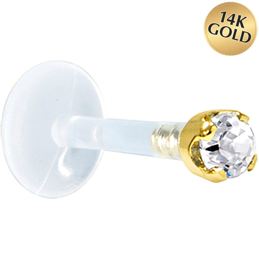 Solid 14K Yellow Gold 1.5mm Genuine Diamond Bioplast Push in Labret