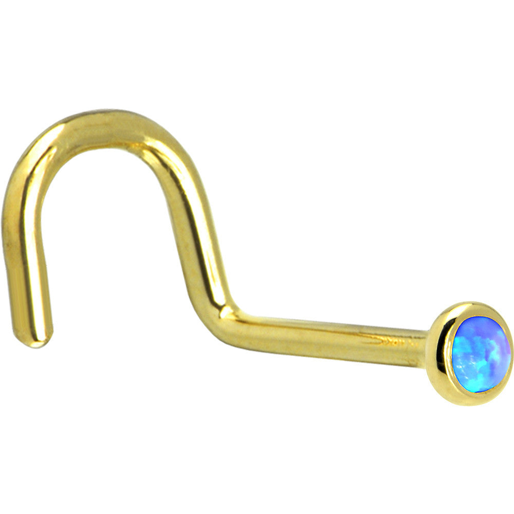 Solid 14K Yellow Gold 2mm Blue Synthetic Opal Nose Ring