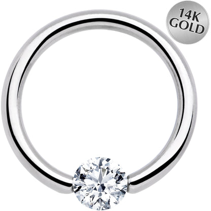 14G 1/2 Solid 14k White Gold 4mm Clear Cubic Zirconia Tension Captive Ring