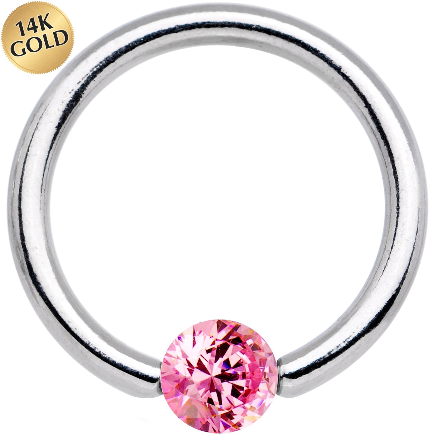 14G 1/2 Solid 14k White Gold 4mm Pink Cubic Zirconia Tension Captive Ring
