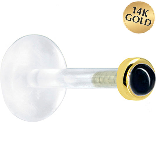 16G 1/4 Solid 14K Yellow Gold 2mm Genuine Onyx Bioplast Tragus Earring Stud