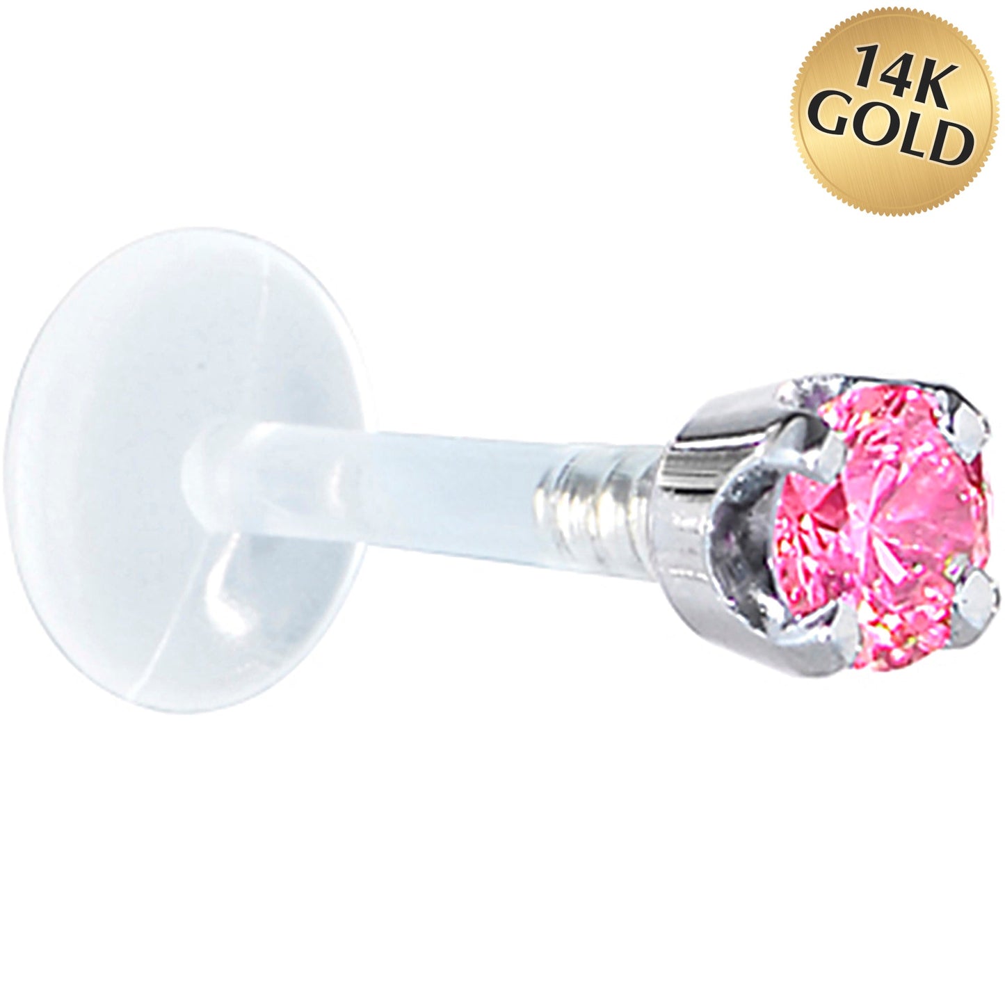 16G 1/4 Solid 14K White Gold 3mm Pink Cubic Zirconia Bioplast Tragus Earring Stud