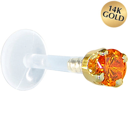16G 1/4 Solid 14K Yellow Gold 3mm Orange Cubic Zirconia Bioplast Tragus Earring Stud