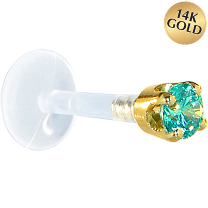 16G 1/4 Solid 14K Yellow Gold 3mm Mint Green Cubic Zirconia Bioplast Tragus Earring Stud