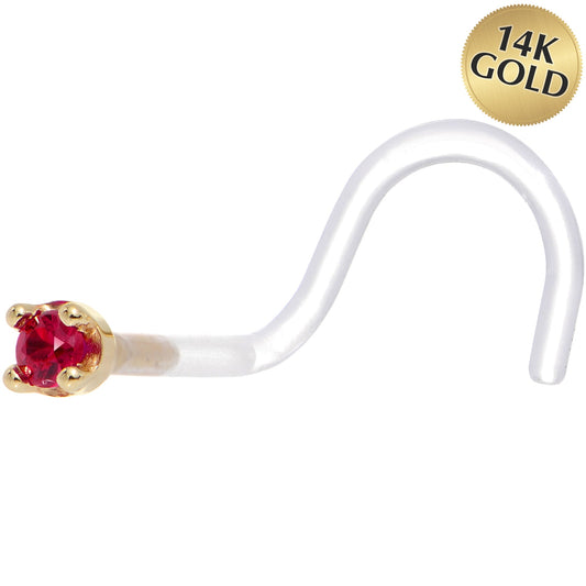18G 1/4 Yellow Gold 1.5mm Genuine Ruby Bioplast Nose Ring