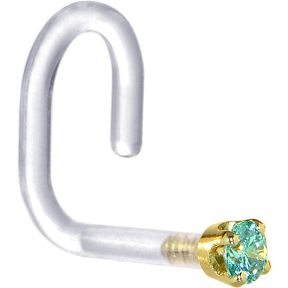 18G 1/4 Yellow Gold 1.5mm Mint Green Cubic Zirconia Bioplast Nose Ring