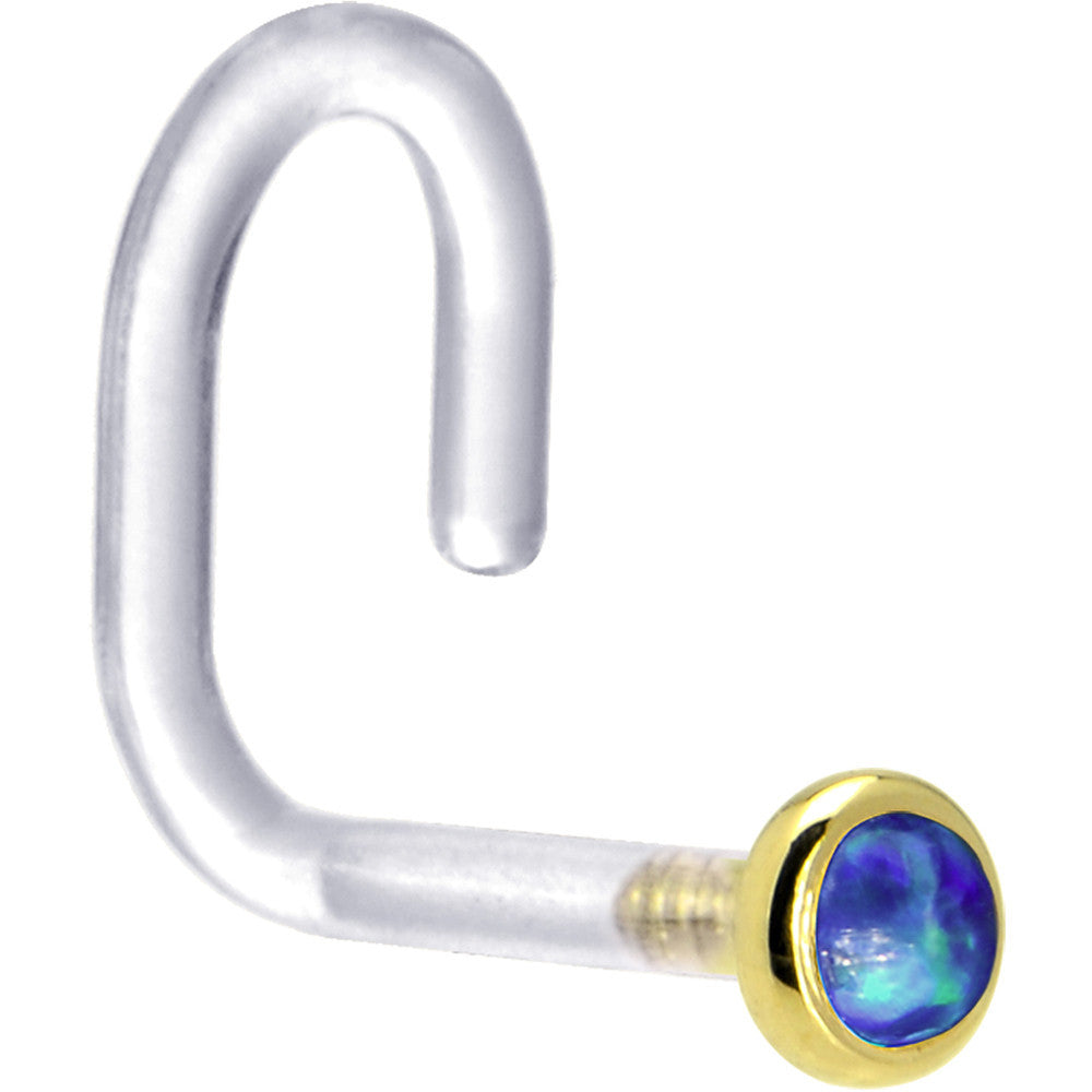 18G 1/4 Yellow Gold 2mm Dark Blue Synthetic Opal Bioplast Nose Ring