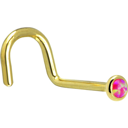 Solid 14K Yellow Gold 2mm Brilliant Pink Synthetic Opal Nose Ring