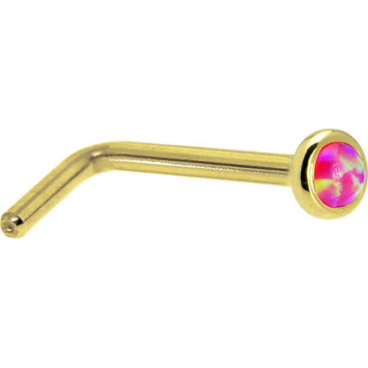 Solid 14K Yellow Gold 2mm Brilliant Pink Synthetic Opal Nose Ring